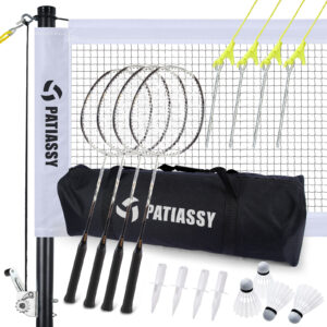 Patiassy Professional Badminton Set with Carbon Aluminum Badminton Rackets Set of 4, Outdoor Portable Badminton Net with Winch System, 4 Nylon Badminton Shuttlecocks and Bag