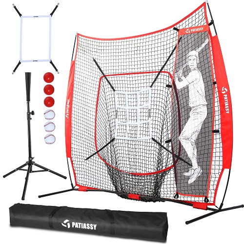 Patiassy 7' X 7' Baseball Softball Hitting Pitching Batting Practice Net with Batting Tee, 2 Strike Zones, 1 Batter, 3 Weighted Balls, 3 Baseballs and Carry Bag