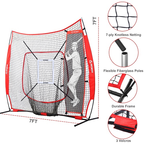 Patiassy 7' X 7' Baseball Softball Hitting Pitching Batting Practice Net with Batting Tee, 2 Strike Zones, 1 Batter, 3 Weighted Balls, 3 Baseballs and Carry Bag - Image 2