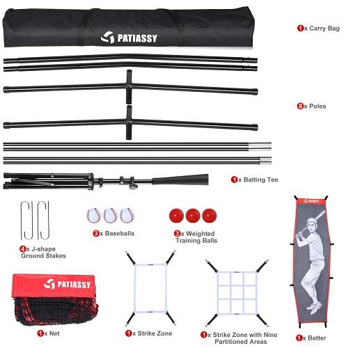 Patiassy 7' X 7' Baseball Softball Hitting Pitching Batting Practice Net with Batting Tee, 2 Strike Zones, 1 Batter, 3 Weighted Balls, 3 Baseballs and Carry Bag - Image 4