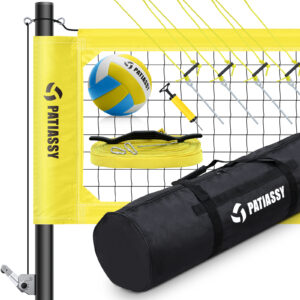 Patiassy Portable Professional Outdoor Volleyball Net Set with Adjustable Height Aluminum Poles, Winch System, Volleyball with Pump and Carrying Bag for Backyard Beach