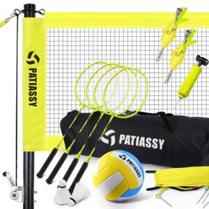 Patiassy Portable Outdoor Volleyball Badminton Combo Set with Net, Winch System, Volleyball with Pump, 4 Badminton Rackets, 2 Shuttlecocks and Carrying Bag for Backyard Beach