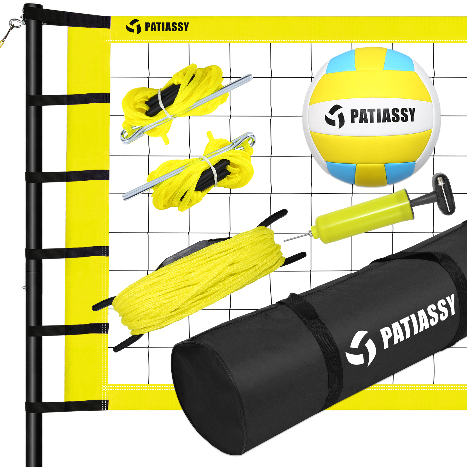 Patiassy Outdoor Portable Volleyball Net Set System - Quick & Easy Setup Adjustable Height Steel Poles, PU Volleyball with Pump and Carrying Bag for Beach Backyard