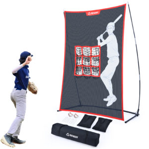 Patiassy 7 ft x 7 ft Baseball Softball Hitting Pitching Practice Net with Batting Tee and Batter Portable Baseball Net with 2 Weighted Baseballs, 2 Baseballs, Carry Bag and Strike Zone (Dark Red)