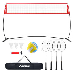 Patiassy 5.1’, 7.4’ and 8’ Height Adjustable Freestanding Volleyball and Badminton Combo Set with Net, 4 Badminton Rackets, 3 Nylon Shuttlecocks and Volleyball for Indoor or Outdoor Use