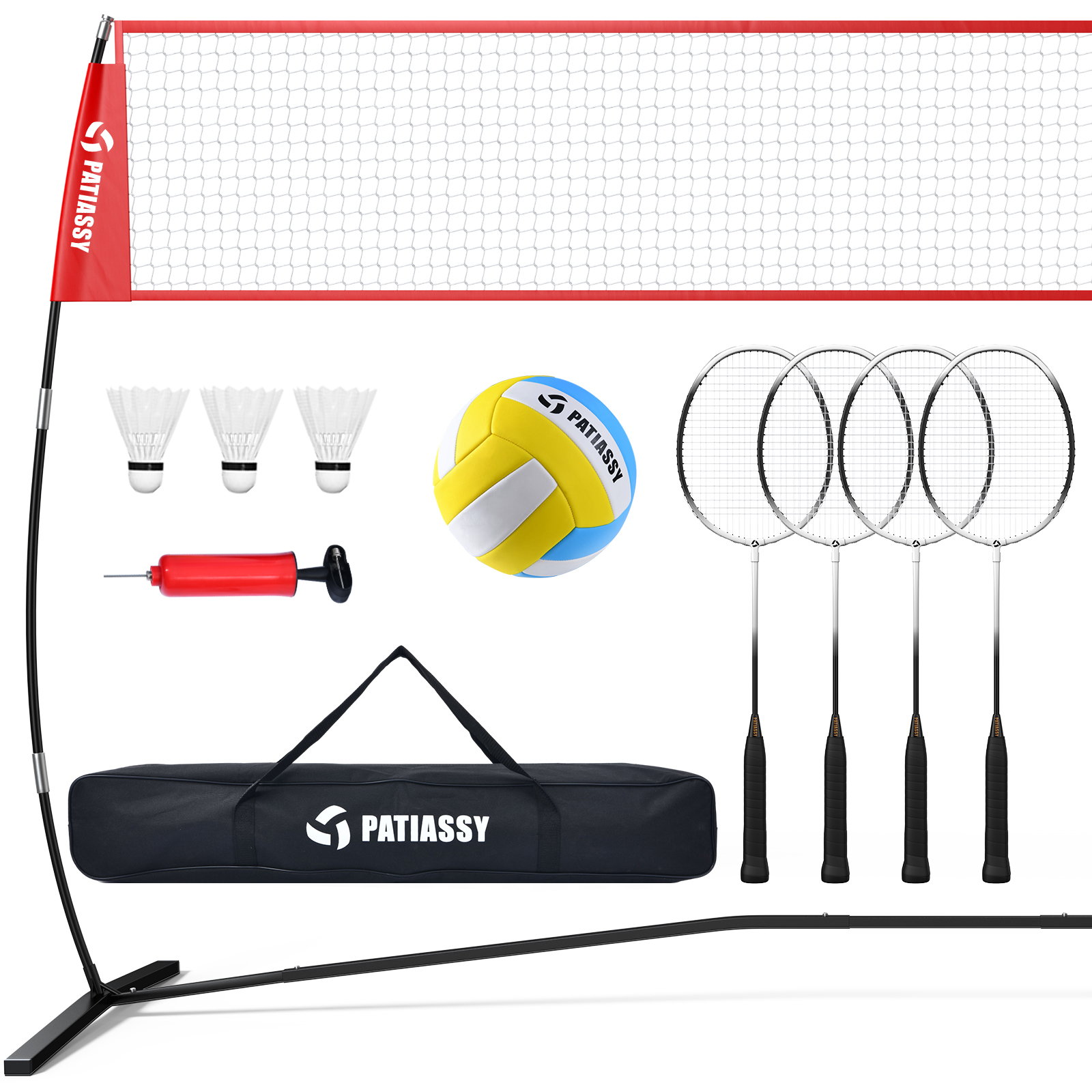 Patiassy 5.1’, 7.4’ and 8’ Height Adjustable Freestanding Volleyball and Badminton Combo Set with Net, 4 Badminton Rackets, 3 Nylon Shuttlecocks and Volleyball for Indoor or Outdoor Use - Image 2