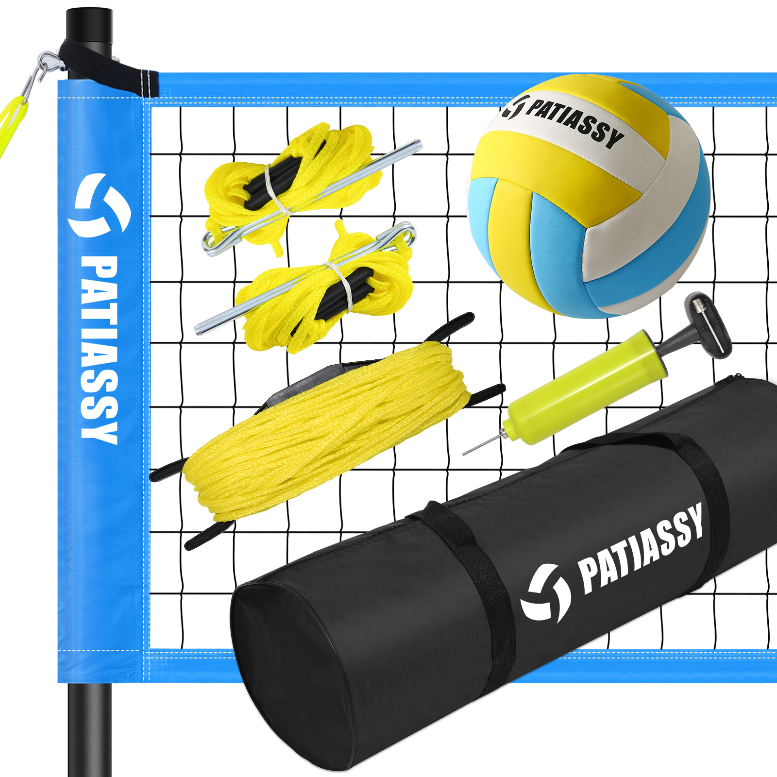 Patiassy Outdoor Portable Volleyball Net Set System for Backyard - Quick & Easy Setup Adjustable Height Steel Poles, PU Volleyball, Pump and Carrying Bag