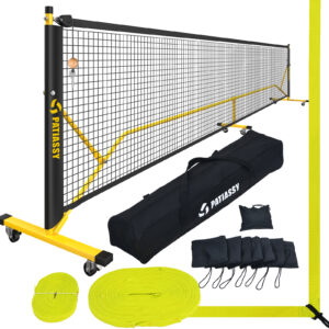Patiassy Pickleball Net Set with Wheels and Pickleball Court Marking Kit 22 FT Regulation Size Portable Pickleball Nets with Net Tension Adjuster, 8 Sandbags and Carry Bag for Outdoor Indoor Driveway