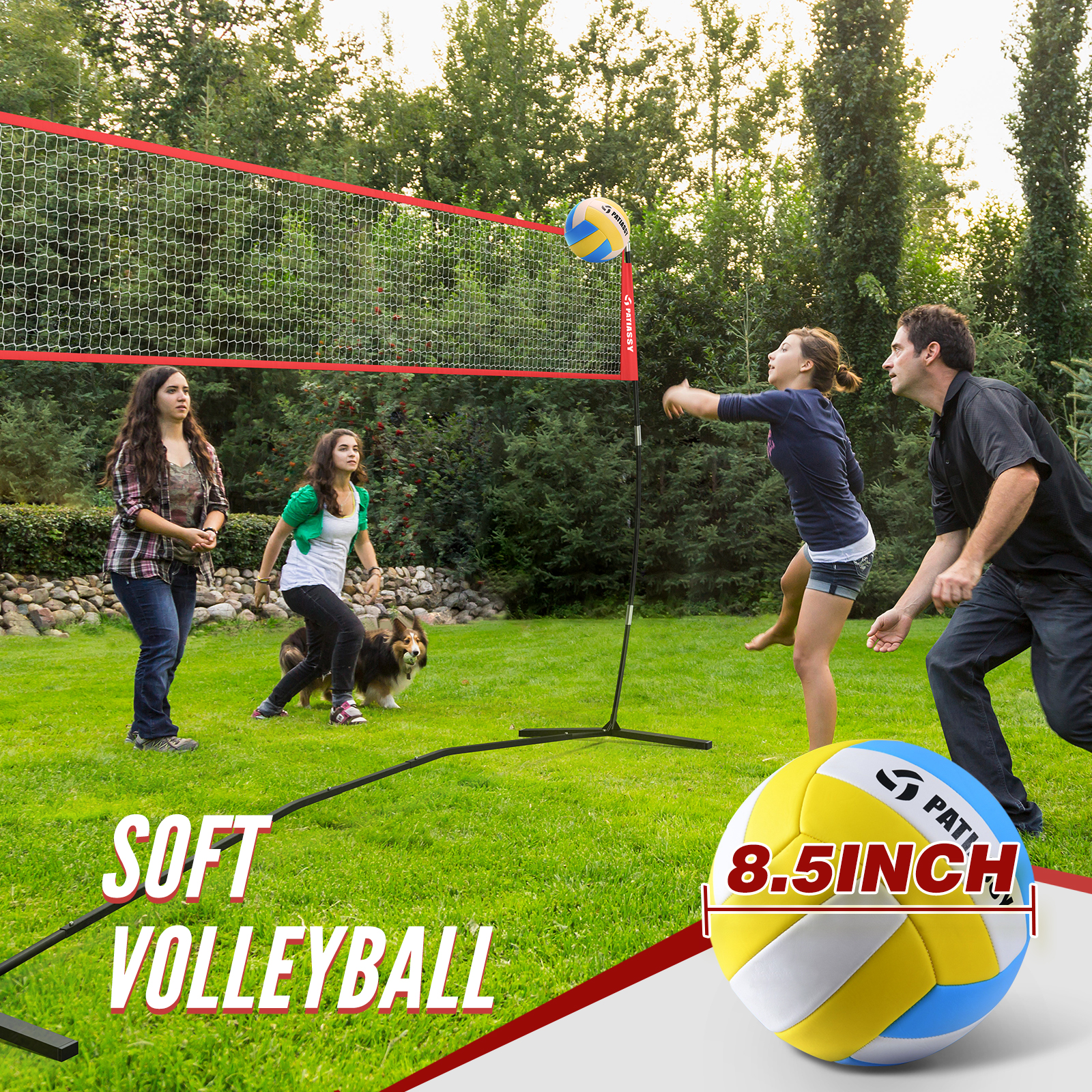 Patiassy 5.1’, 7.4’ and 8’ Height Adjustable Freestanding Volleyball and Badminton Combo Set with Net, 4 Badminton Rackets, 3 Nylon Shuttlecocks and Volleyball for Indoor or Outdoor Use - Image 6