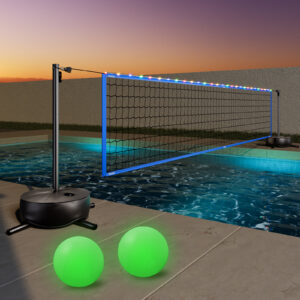Pool Volleyball Net Set with Light and Weighted Base 15ft-32ft Length Adjustable Portable Outdoor Volleyball Net for Pool with 2 Volleyballs and Pump
