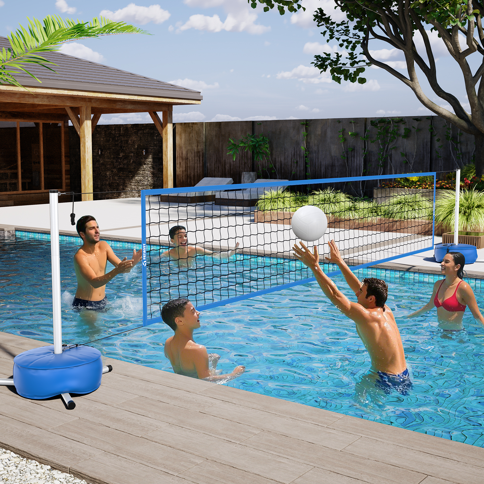 Pool Volleyball Net Set with Weighted Base Suitable for Family Entertainment, Adjustable 15ft-32ft Length Portable Outdoor Volleyball Net System for Swimming Pools
