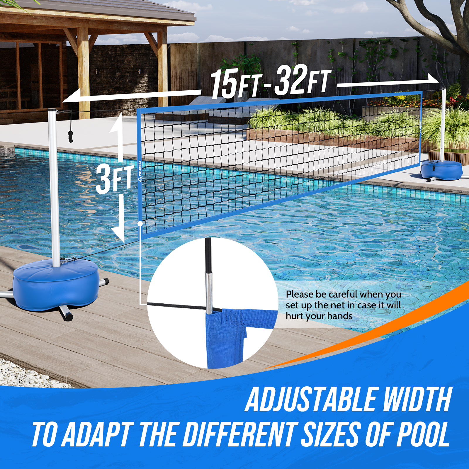 Pool Volleyball Net Set with Weighted Base Suitable for Family Entertainment, Adjustable 15ft-32ft Length Portable Outdoor Volleyball Net System for Swimming Pools - Image 7