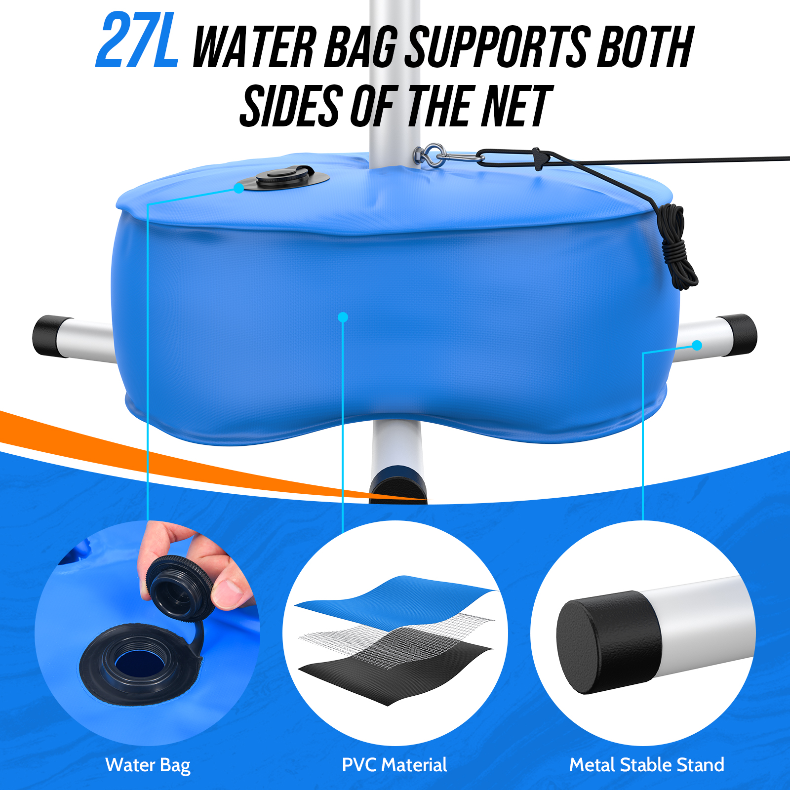 Pool Volleyball Net Set with Weighted Base Suitable for Family Entertainment, Adjustable 15ft-32ft Length Portable Outdoor Volleyball Net System for Swimming Pools - Image 6