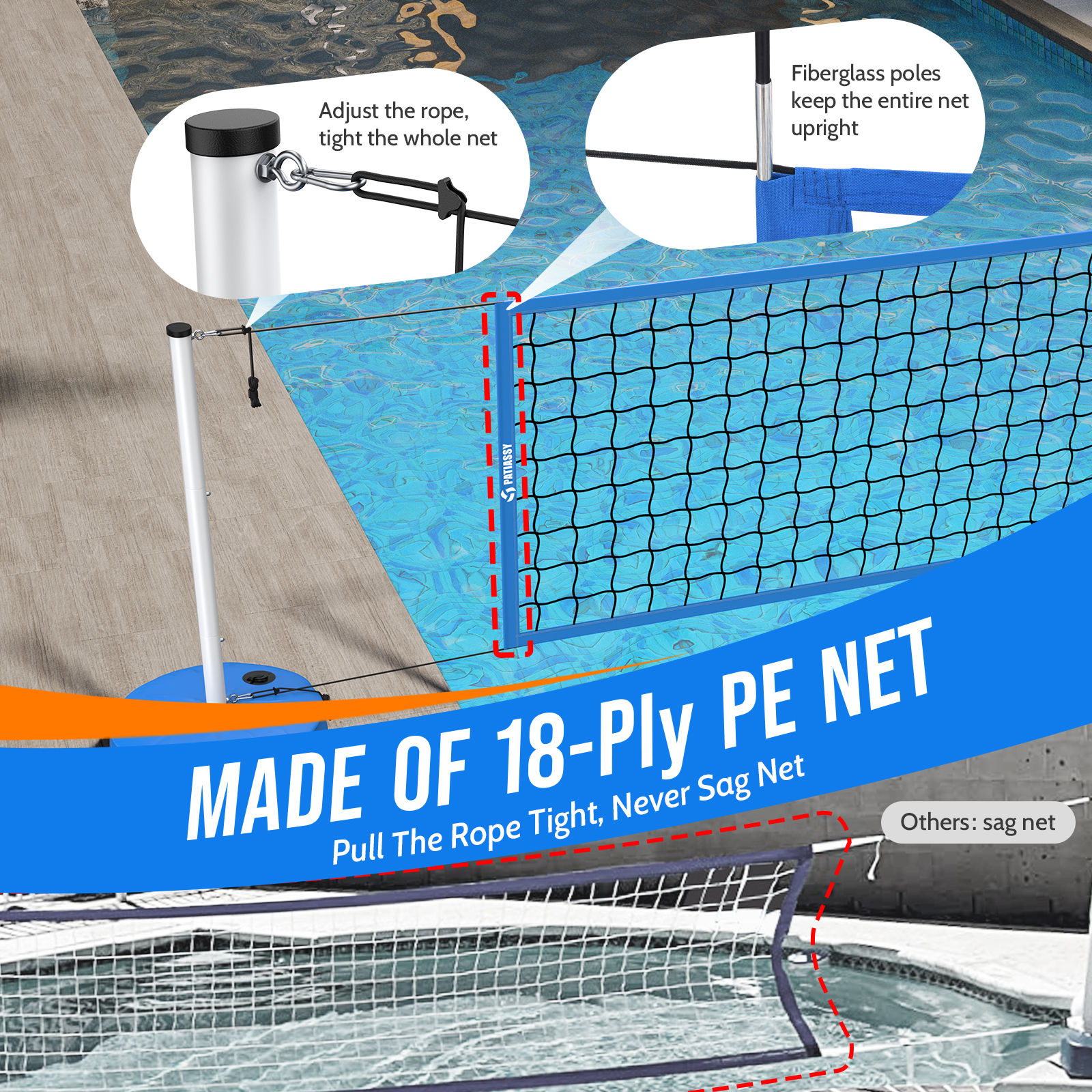 Pool Volleyball Net Set with Weighted Base Suitable for Family Entertainment, Adjustable 15ft-32ft Length Portable Outdoor Volleyball Net System for Swimming Pools - Image 5