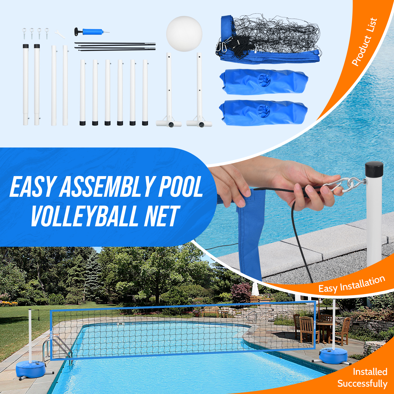 Pool Volleyball Net Set with Weighted Base Suitable for Family Entertainment, Adjustable 15ft-32ft Length Portable Outdoor Volleyball Net System for Swimming Pools - Image 4