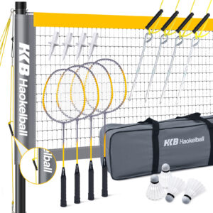 Haokelball Professional Badminton Set Badminton Sets for Backyards with Net Tension Adjuster, Badminton Rackets Set of 4, 4 Nylon Badminton Shuttlecocks and Carry Bag, Gray